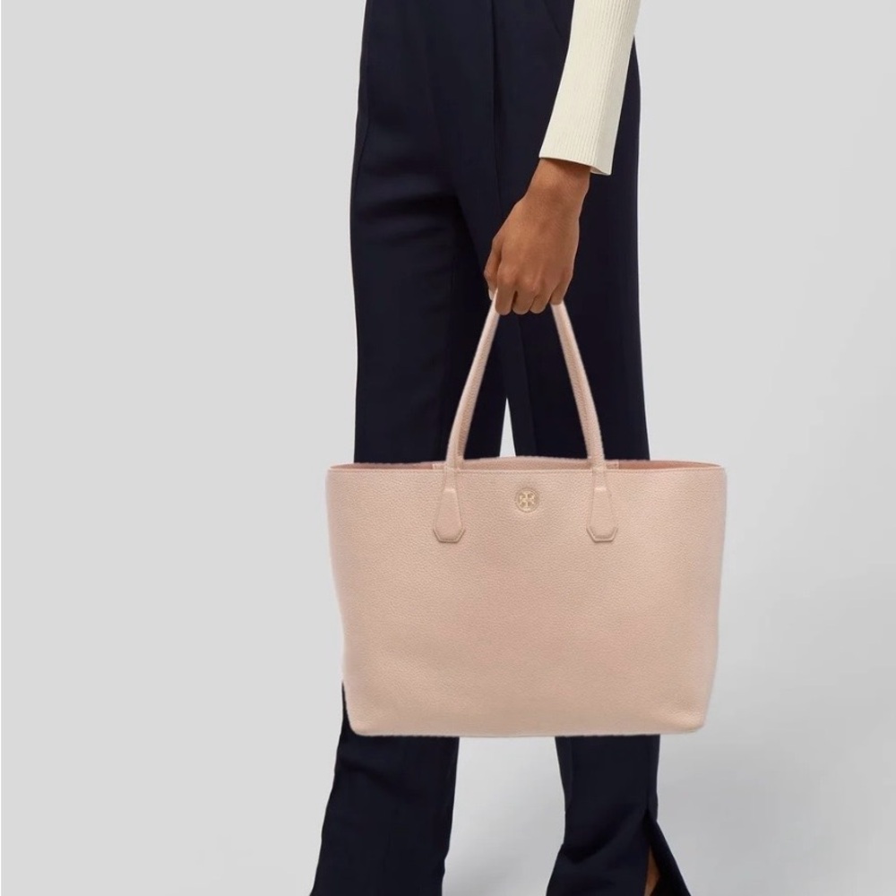 💗 Tory Burch Pink Pebbled Leather  Tote | Large Neutral Shopper | 17.5” Wide - Picture 3 of 12